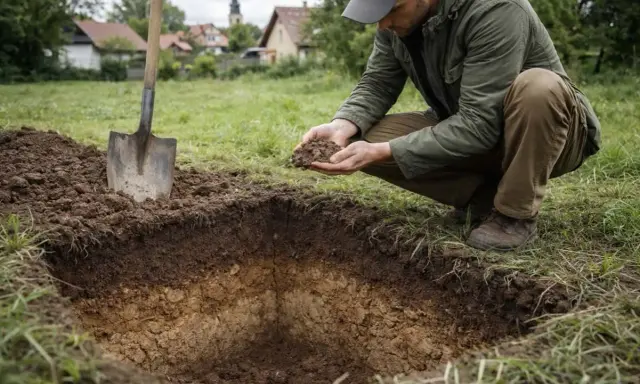 Mężczyzna bada ziemię, która wygląda na glinę piaszczystą. Obok leży łopata, a w tle widać domy i kościół.