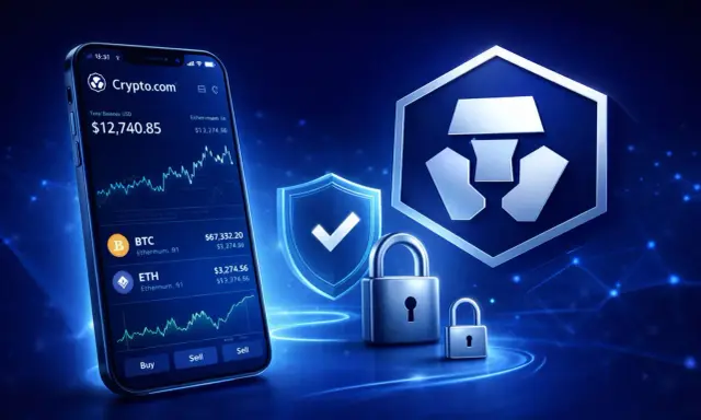 Telefon z aplikacją Crypto.com pokazuje saldo i wykresy kryptowalut. Obok logo Crypto.com i symbol bezpieczeństwa.