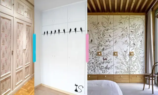 Armarios empotrados con diseños florales y de pájaros, perfectos para forrar armario empotrado con estilo.