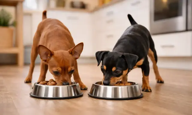 Deux pinschers nains mangent dans leurs gamelles. La quantité de nourriture est adaptée à leur petite taille.