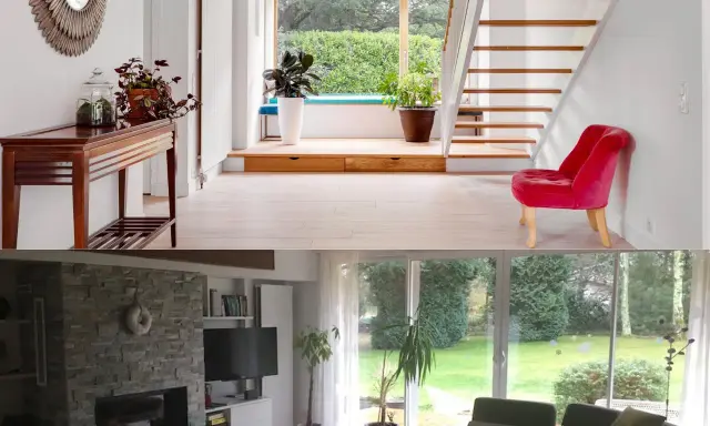 Avant/après : idée rénovation maison ancienne. Hall d'entrée lumineux avec escalier moderne et salon cosy donnant sur jardin verdoyant.