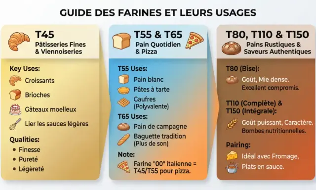 Guide des farines : T45 pour pâtisseries fines, T55/T65 pour pain quotidien et pizza, T80/T110/T150 pour pains rustiques. La farine pour pâtisserie T45 est idéale pour croissants et gâteaux.