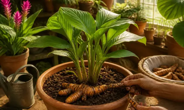 Arrosage d'un curcuma en pot. Des rhizomes orangés émergent de la terre, prêts à être plantés ou récoltés.