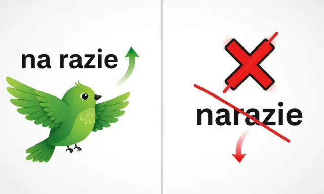 Zielony ptaszek z napisem "na razie" symbolizuje postęp. Obok czerwony krzyżyk przekreśla "narazie", pokazując błąd.
