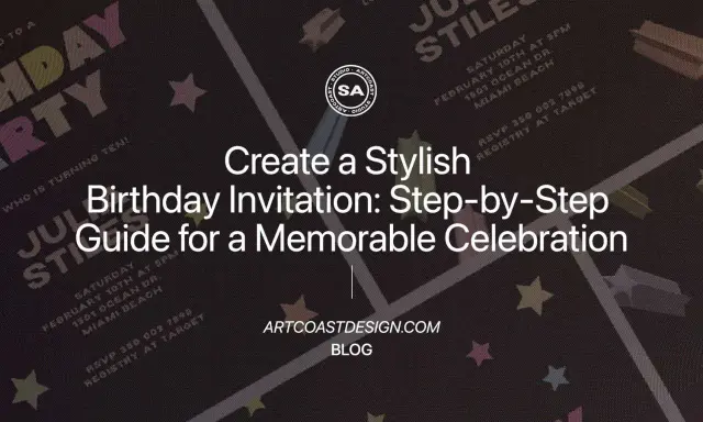 Una invitación de cumpleaños con un diseño moderno y estrellas. Aprende a crear la tuya.