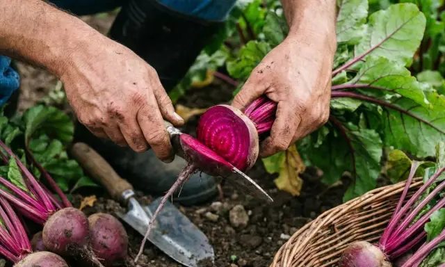 Un jardinier coupe une betterave fraîchement récoltée. On peut planter des betteraves jusqu'à la fin de l'été pour une récolte d'automne.