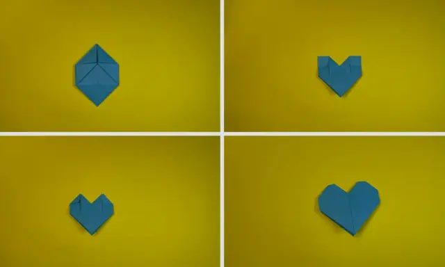 Passaggi per creare un modellino cuore fai da te con origami blu su sfondo giallo.