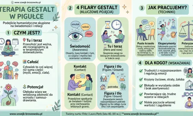 Terapia Gestalt w pigułce: świadomość, kontakt, tu i teraz. Nie działa dla tych, którzy unikają konfrontacji z emocjami.