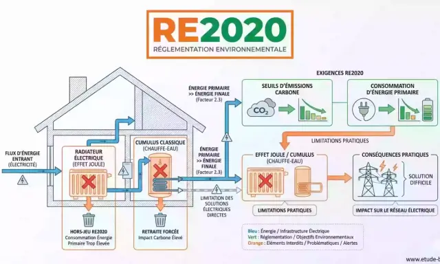 Schéma RE2020 : flux d'énergie électrique vers un radiateur, illustrant le rendement radiateur électrique et ses impacts.