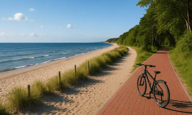 Rower czeka na ścieżce przy plaży, idealne miejsce na **rajdy rowerowe dla amatorów**. Słońce, morze i las zapraszają do aktywnego wypoczynku.