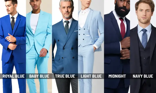 Six men model suits in various shades of blue, from royal blue vs navy blue, showcasing different styles and tones.