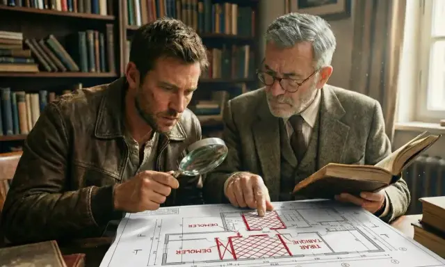Dos hombres estudian planos en una biblioteca. Uno señala una zona marcada en rojo, como si me quisieran echar de la habitación.