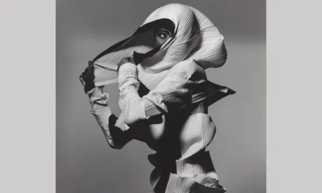 Modella con un abito plissettato bianco, un'opera d'arte di Irving Penn, che nasconde il viso tranne un occhio penetrante.