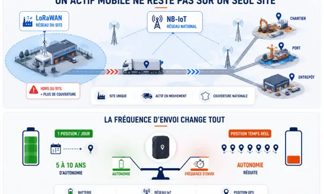 Schéma expliquant comment fonctionne un GPS pour un actif mobile : réseau LoRaWAN, NB-IoT, couverture nationale, et impact de la fréquence d'envoi sur l'autonomie.