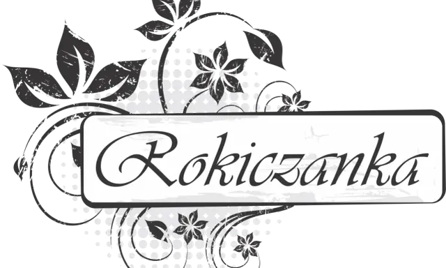 Rokiczanka hej, w dzień narodzenia tekst. Stylizowany napis z motywami roślinnymi.