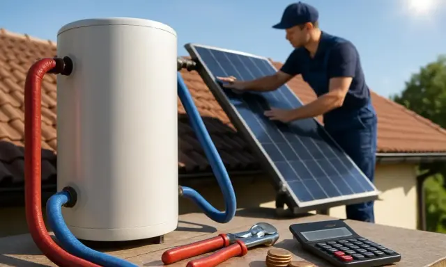 Installation d'un chauffe-eau solaire. Un technicien ajuste un panneau solaire, symbolisant le rendement et les économies. Outils et calculatrice à proximité.