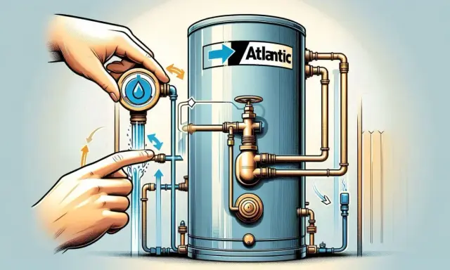 Main d'homme manipulant une vanne pour fermer l'arrivée d'eau froide d'un chauffe-eau Atlantic.