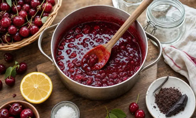 Une marmite déborde de confiture de cerises maison, prête à être mise en pot. Des cerises fraîches, du citron et du chocolat râpé complètent la scène.