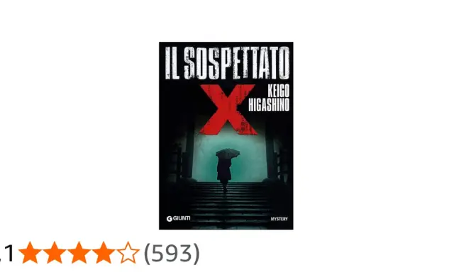 Copertina del libro "Il sospettato X" di Keigo Higashino. Una figura con ombrello sale una scalinata buia.