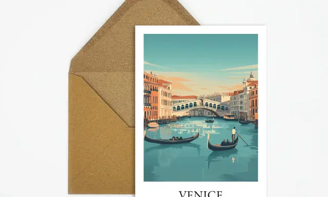 Carte postale de Venise, avec le pont du Rialto et des gondoles. Un poème sur Venise pourrait être écrit sur cette carte.