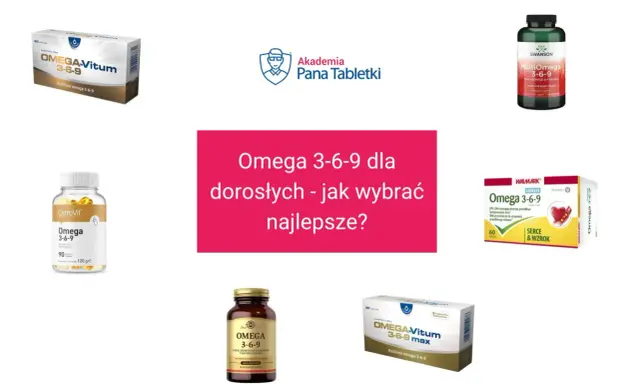 Różne suplementy diety z kwasami omega 3-6-9, w tym OMEGA-Vitum, OstroVit, Swanson i Walmark.