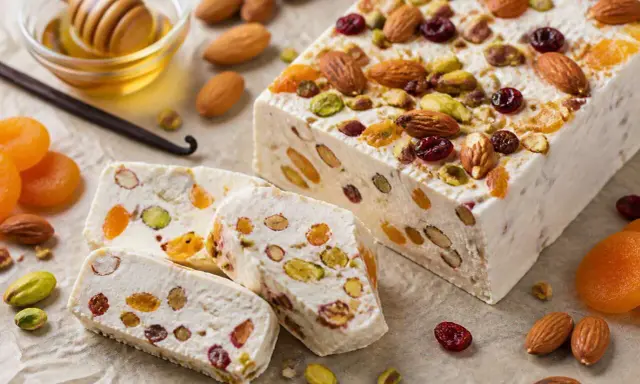 Un délicieux nougat glacé, garni d'amandes, de pistaches, de fruits secs et de miel.