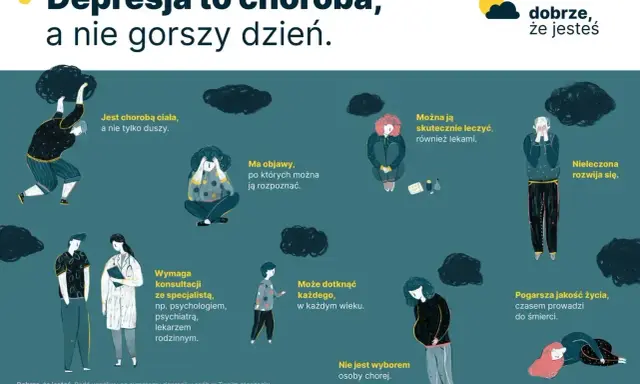 Ilustracja pokazuje, że depresja to choroba, a nie lenistwo. Przedstawia osoby zmagające się z różnymi objawami, podkreślając potrzebę leczenia i wsparcia.