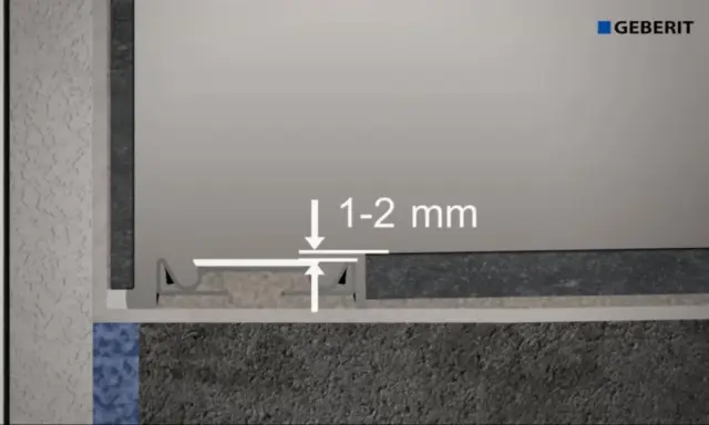 Schemat montażu odpływu liniowego Geberit. Kluczowe jest zachowanie spadku 1-2 mm.