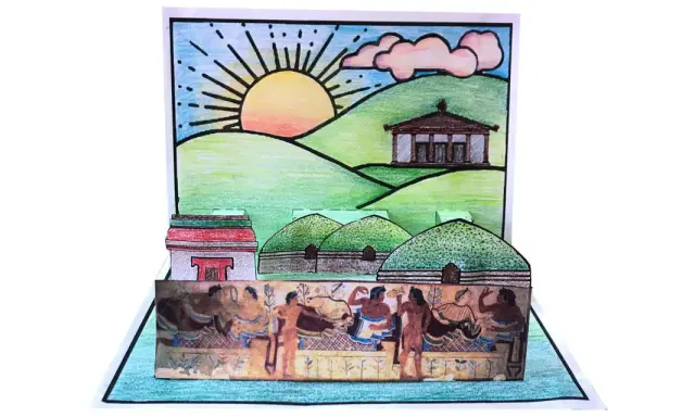 Un diorama pop-up che illustra scene di vita etrusca, con tombe a tumulo, templi e figure umane, perfetto per lavoretti sugli etruschi.