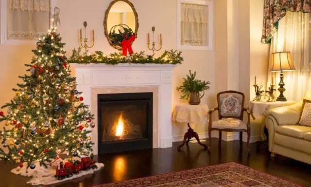 Ideas para decorar una chimenea navideña: árbol iluminado, guirnaldas verdes, un tren de juguete y un fuego acogedor.