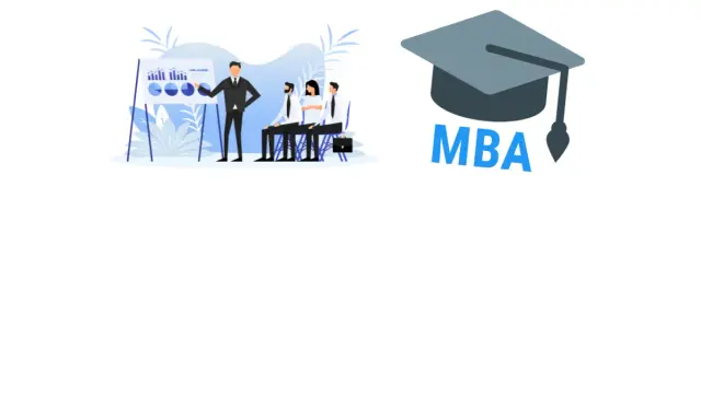 Prezentacja biznesowa z wykresami i ludźmi, obok czapka absolwenta z napisem MBA. Sprawdź wymagania MBA.