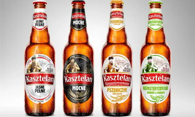 Cztery butelki piwa Kasztelan: Jasne Pełne, Mocne, Pszeniczne Niepasteryzowane i Niepasteryzowane świeże z natury.