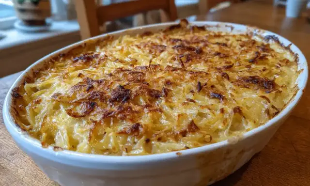 En gyllene Janssons frestelse i en vit ugnsform, perfekt gratinerad. Potatisen är skuren tunt och blandad med grädde och ansjovis.