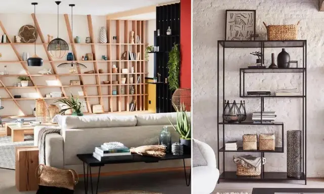 Un salon bibliothèque cosy avec des étagères en bois remplies de livres et d'objets décoratifs. Un canapé confortable invite à la détente.