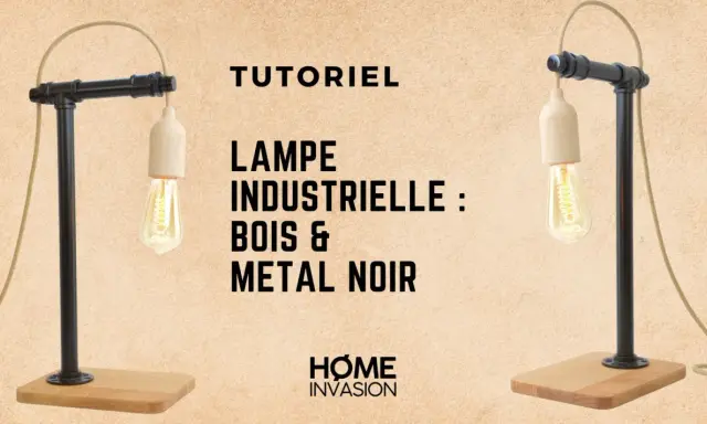 Lampe industrielle DIY en bois et métal noir, style loft. Un tutoriel pour créer votre propre luminaire.
