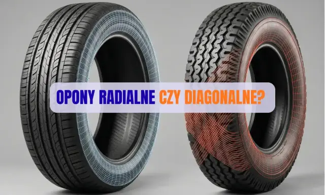 Dwa rodzaje opon: po lewej opony radialne z niebieską siatką, po prawej diagonalne z czerwoną.