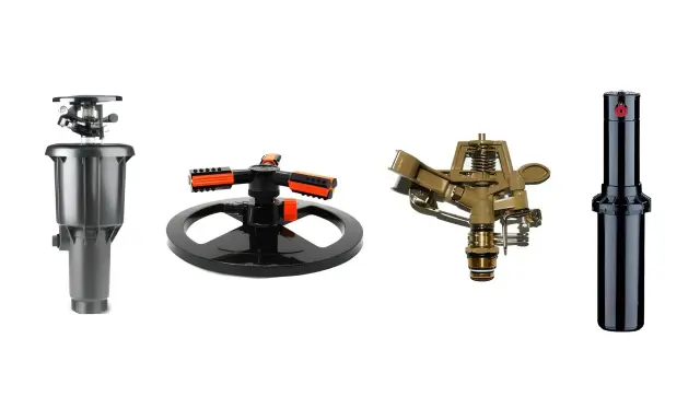 Cuatro tipos de difusores de riego: emergente, aspersor giratorio, aspersor de impacto y difusor de turbina.