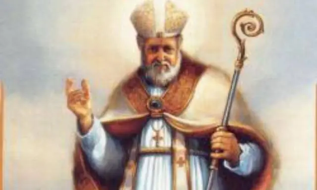 San Gaudenzo, patrono di Rimini, benedice con la sua mitra e il pastorale.