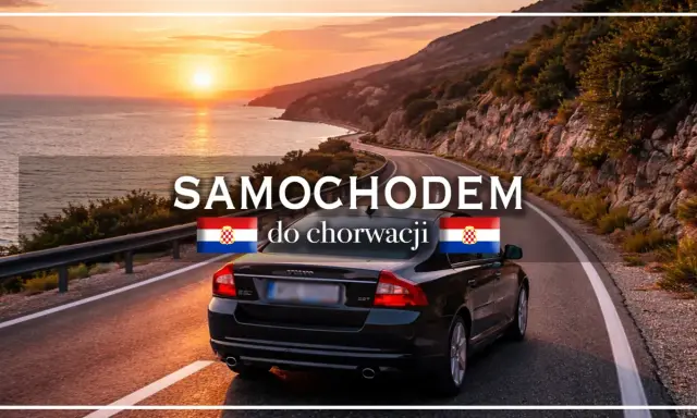 Samochodem do Chorwacji! Słoneczny zachód słońca nad Adriatykiem, kręta droga i auto gotowe na odkrywanie chorwackich atrakcji.