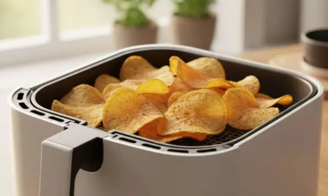 Knusprige Kartoffelchips, frisch aus dem Airfryer, warten darauf, genossen zu werden.