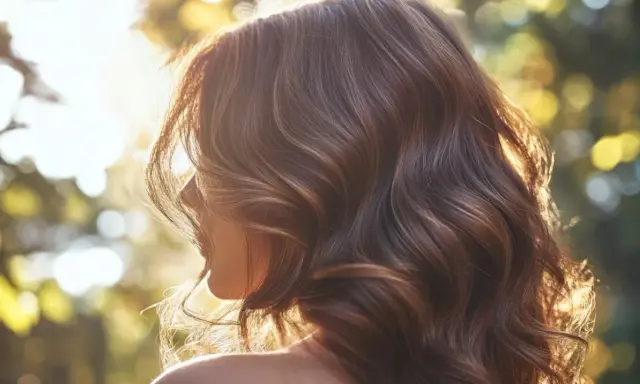 Cabello castaño brillante con reflejos dorados, como si se hubiera aplicado miel.
