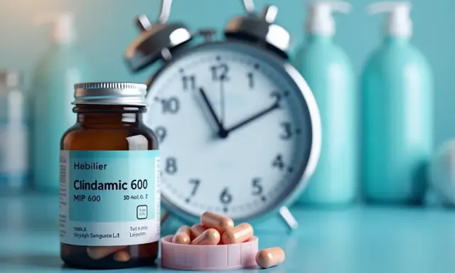 Antybiotyk Clindamycin 600 w kapsułkach, obok budzika. Ważne jest regularne przyjmowanie leku.