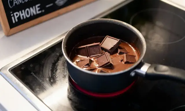 Des morceaux de chocolat noir fondent doucement dans une casserole sur une plaque chauffante, prêts à être transformés en une délicieuse ganache.