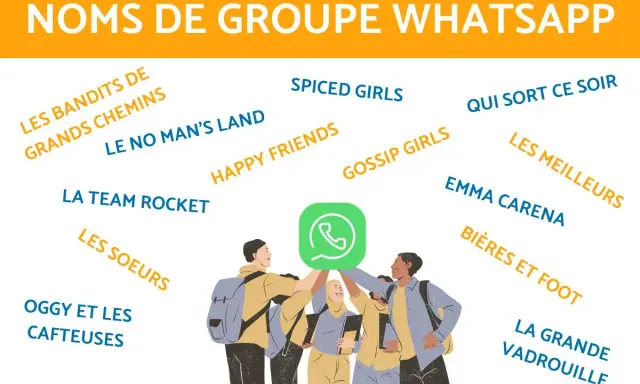 Liste de nom de groupe de musique pour WhatsApp : "Les Bandits de Grands Chemins", "Spiced Girls", "Qui sort ce soir", "La Team Rocket", "Happy Friends", "Gossip Girls", "Les Meilleures", "Emma Carena", "Bières et Foot", "La Grande Vadrouille".