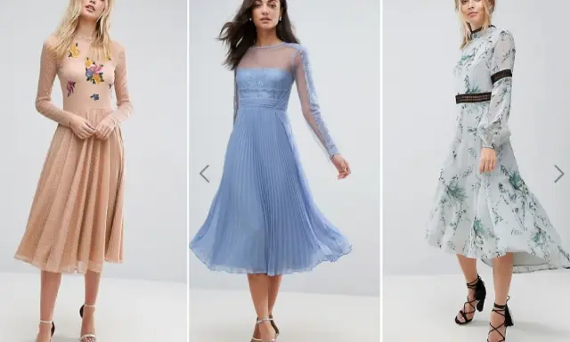 Tre abiti eleganti per un matrimonio a dicembre: uno color pesca con ricami floreali, uno azzurro con plissettatura e pizzo, e uno a fantasia floreale con maniche lunghe.