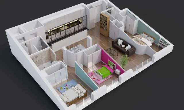 Plan appartement 80m2 2 chambres : cuisine moderne, salon, salle de bain, et deux chambres confortables.