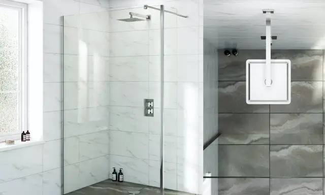 Box doccia moderno con pannelli in vetro e rivestimento in marmo. La doccia a soffitto e il soffione a parete sono in finitura cromata. L'altezza del rivestimento doccia è ben visibile.
