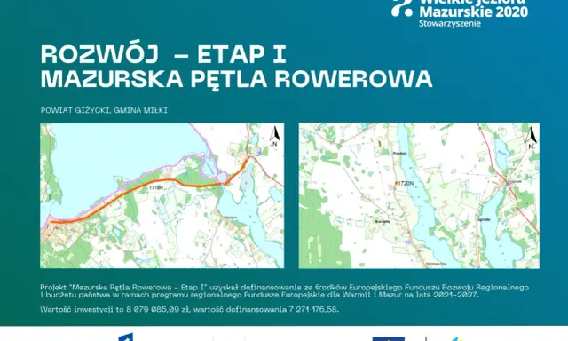 Mapy przedstawiające fragmenty Mazurskiej Pętli Rowerowej w powiecie giżyckim i gminie Miłki.
