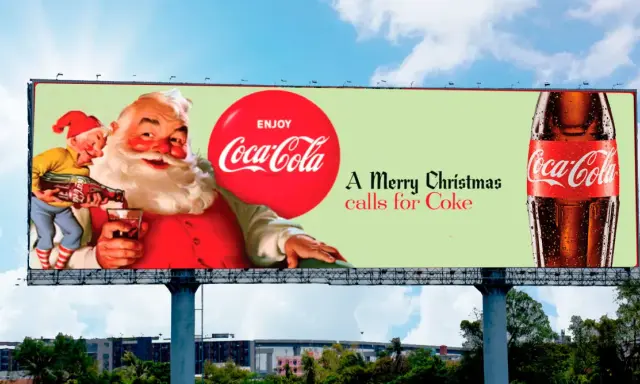 Papá Noel y un duende sirviendo Coca-Cola en un cartel publicitario. Partes de un cartel publicitario con el lema "A Merry Christmas calls for Coke".