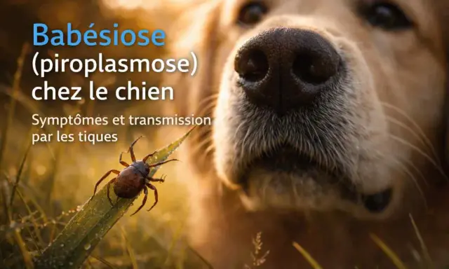 Gros plan sur le museau d'un chien, avec une tique sur une feuille. Le texte indique "Babésiose (piroplasmose) chez le chien : symptômes et transmission par les tiques".